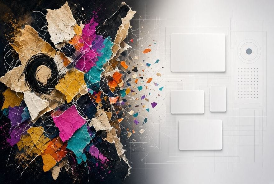 Torn paint and paper collage beside clean blank layout sheets