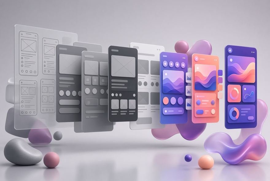 Grey wireframes on the left resolving into finished colour screens on the right
