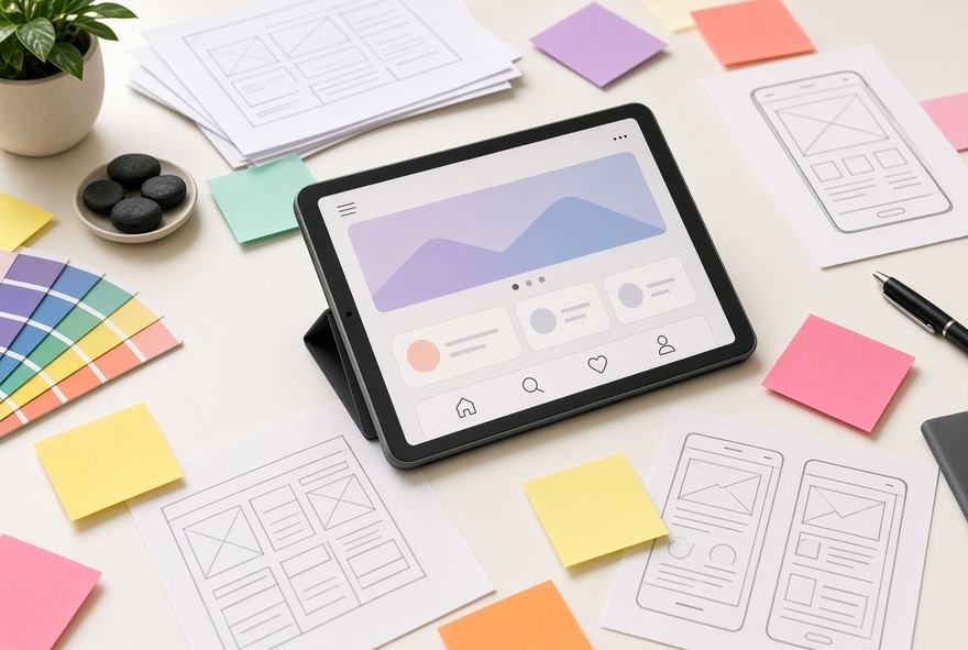 A desk with a tablet, sketches, sticky notes and a colour fan