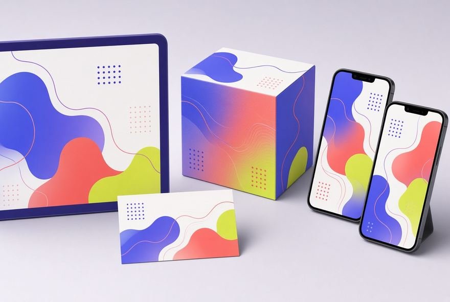 Brand collateral shown across boxes, cards and a phone screen