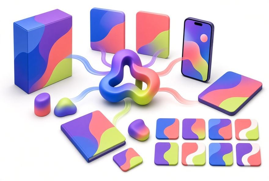 Brand elements applied across cards, boxes and devices