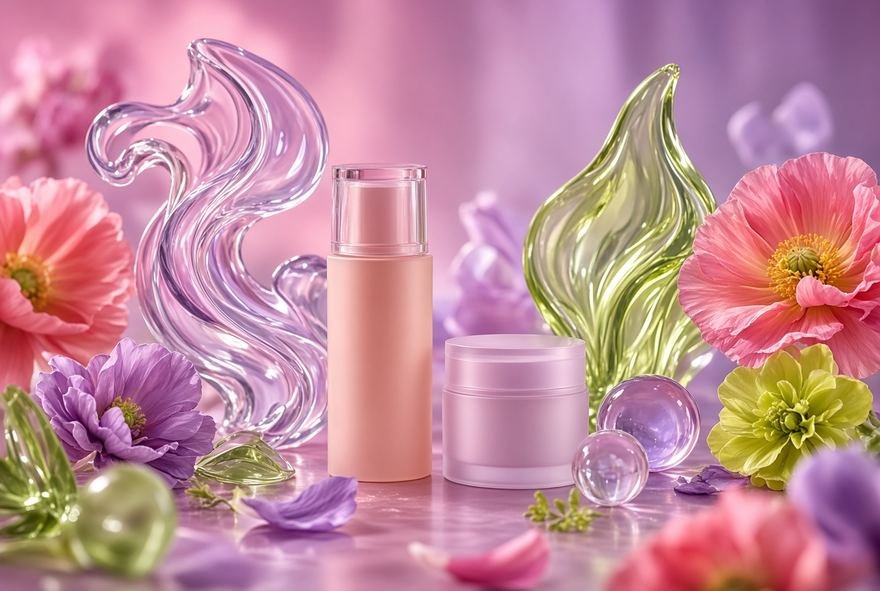 A cosmetics range photographed among glass and flowers