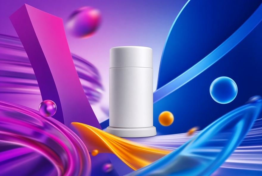A cylindrical product render against a sweep of blue and orange