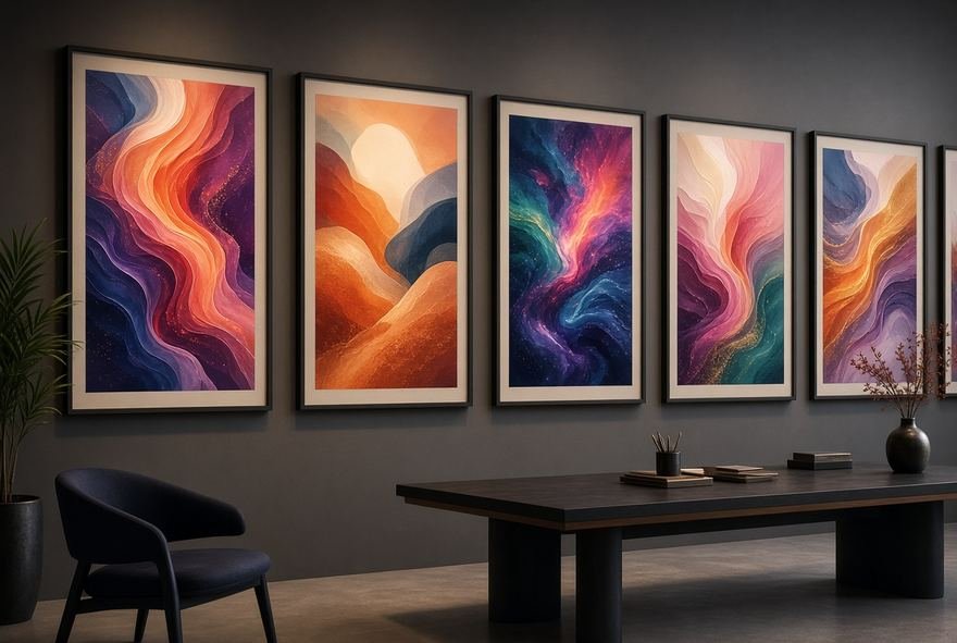 Framed gradient artworks hung along a dark gallery wall