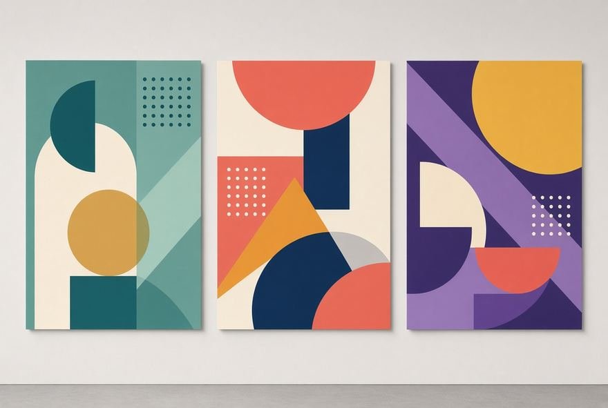 Three geometric poster panels in muted primaries
