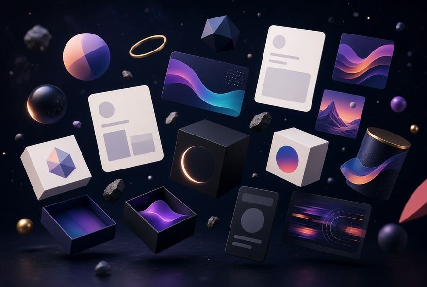 Interface cards and icons floating in ordered depth