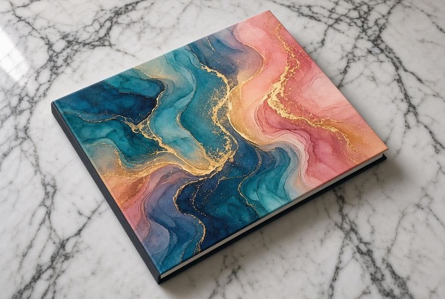 A marbled artwork surface in teal and gold