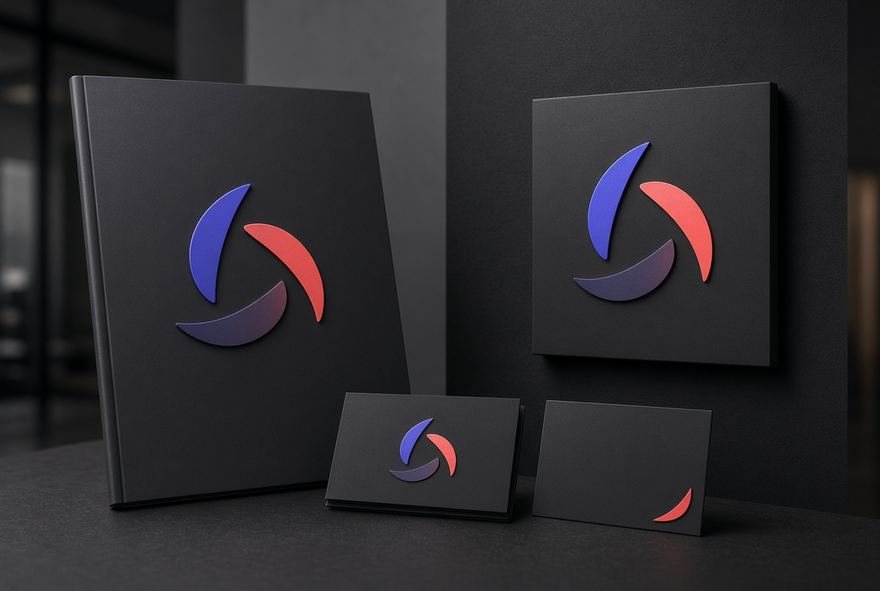 A monogram applied to dark matte print collateral