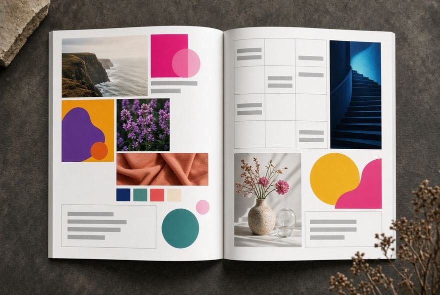 An open brand guidelines book showing colour and type pages
