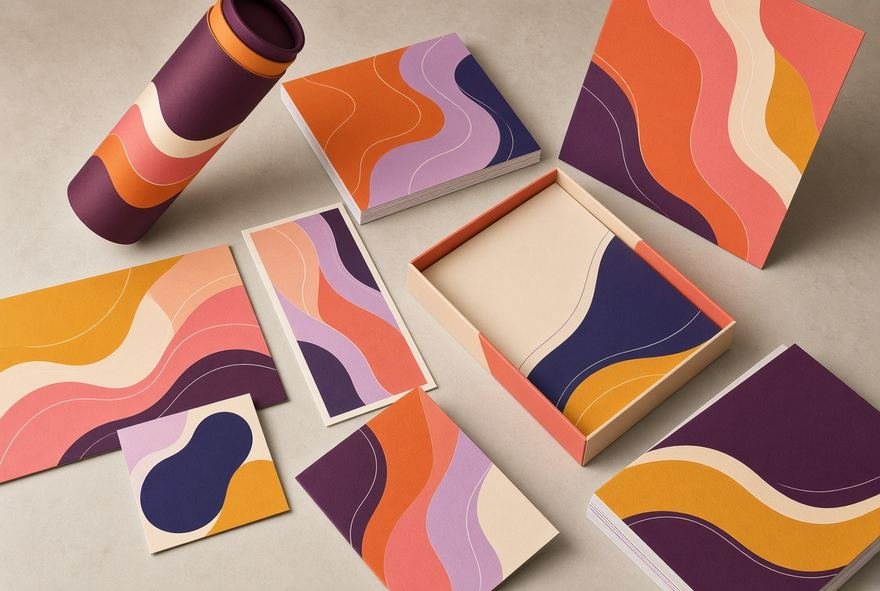 Rolled posters showing a repeating wave motif in warm colours