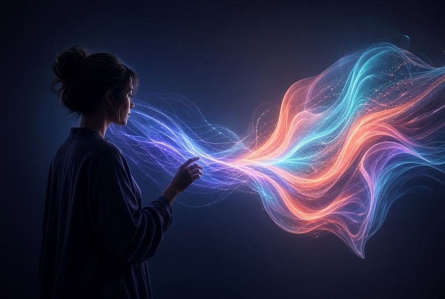 A figure shaping a ribbon of coloured light