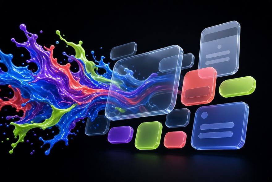 Interface cards emerging from a splash of generated colour