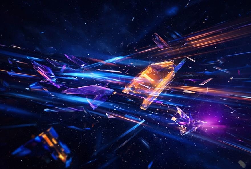 Streaks of blue and amber light crossing a dark field
