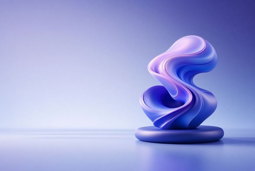 A twisted glossy form in violet on a pale ground