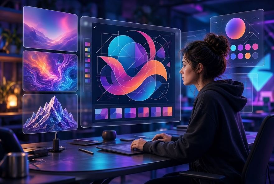 A designer working at a colour-calibrated monitor on an abstract composition