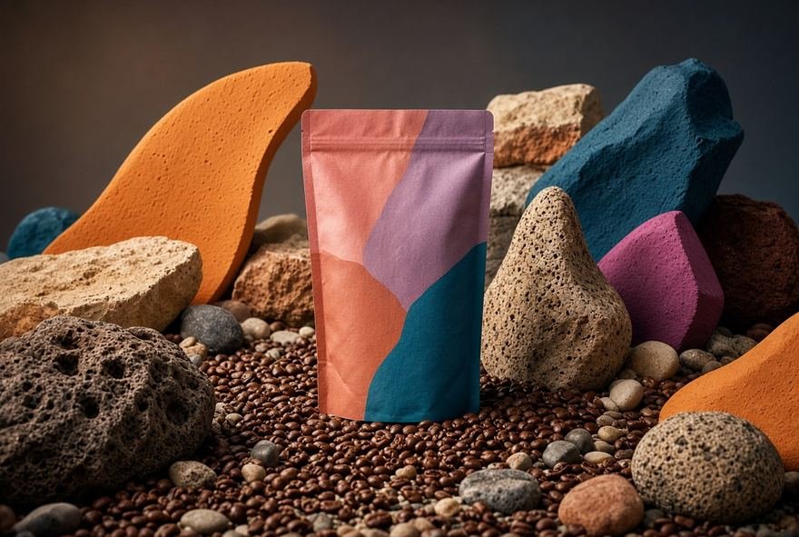 Coffee packaging photographed with raw beans and stone