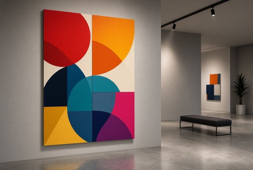 Large-format abstract artwork hung in a gallery space