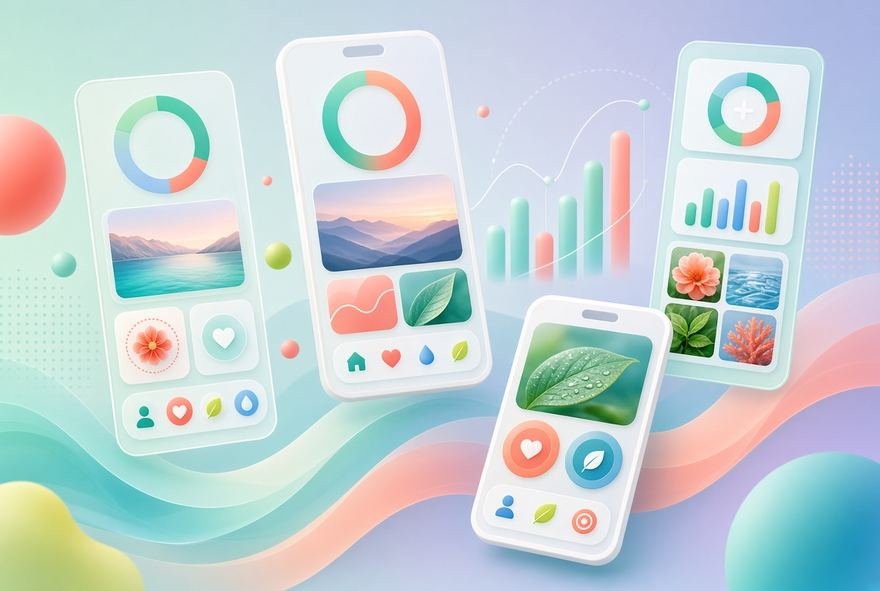 A healthcare product interface shown across mobile screens