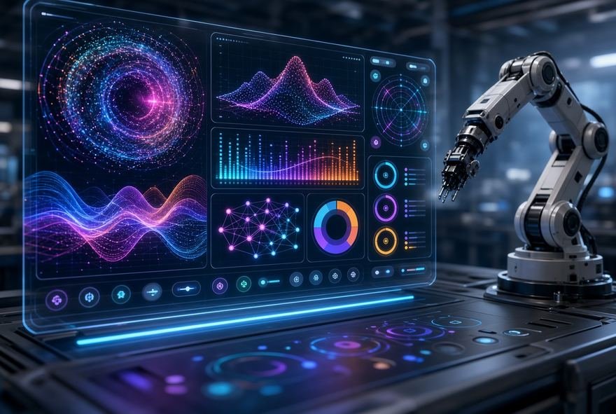 A robotic arm beside motion graphics from a product launch film