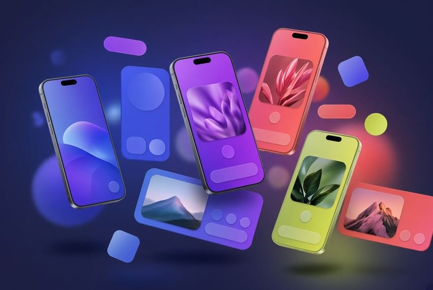 App screens shown across a set of phone mockups in bright colourways