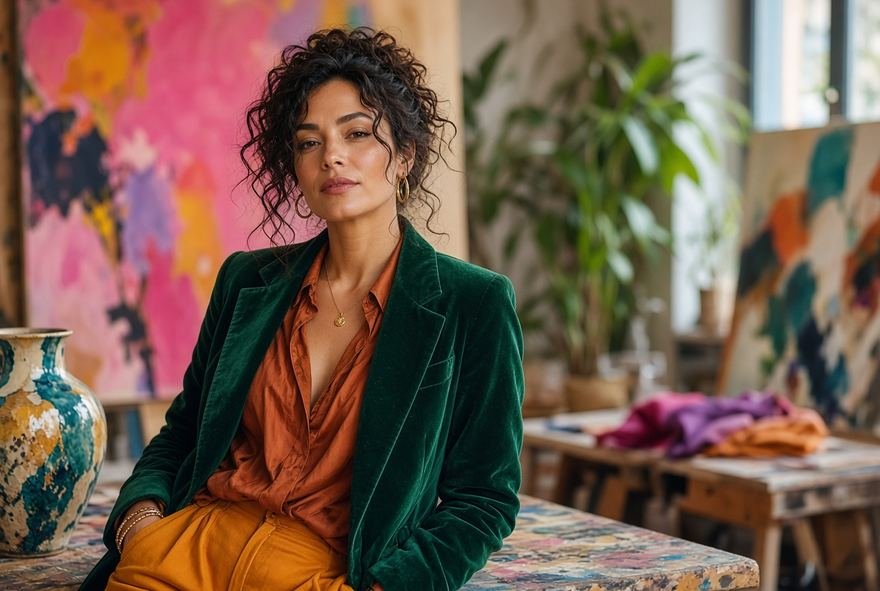 A designer photographed in a studio surrounded by fabric and colour