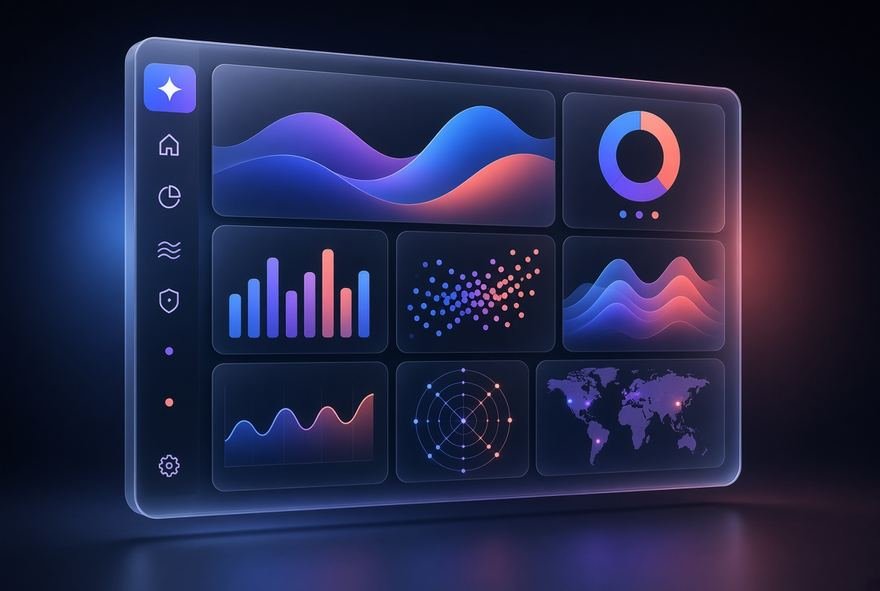 A dashboard interface showing charts, spend breakdowns and usage figures