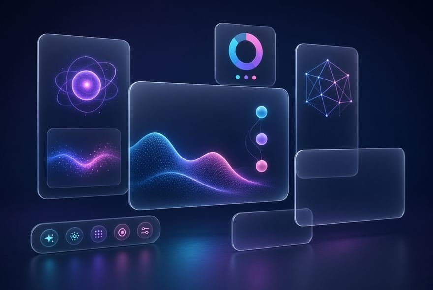 Analytics panels showing distribution curves and comparative figures