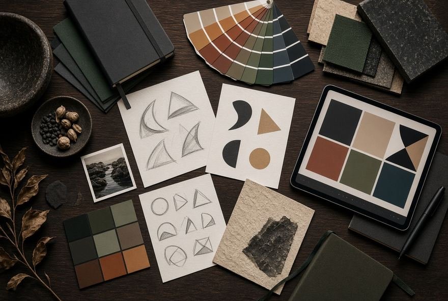 Physical design objects, swatches and printed samples laid out on a desk