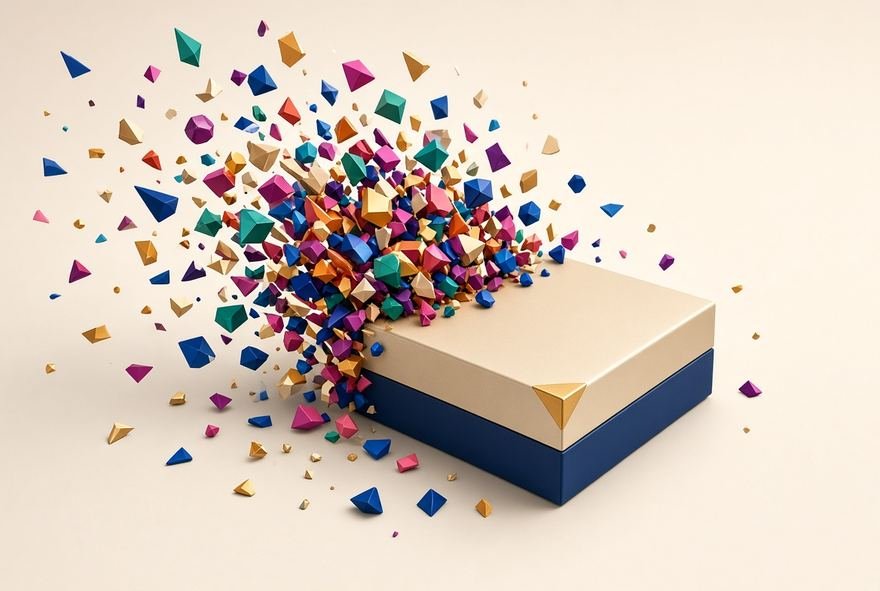 Printed collateral bursting from an open book, showing scale and variety