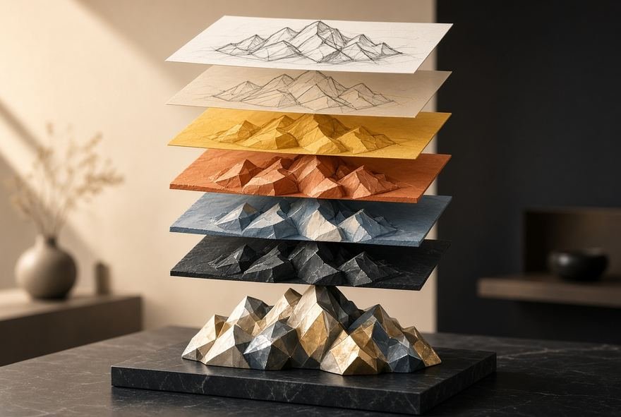 Layered illustrated mountain prints stacked in graduating colourways