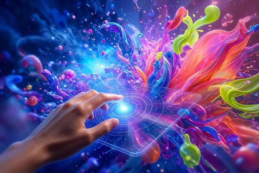 A hand reaching into a burst of generated colour and form