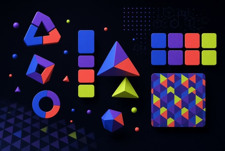 Geometric logo marks and symbols arranged in a grid on a dark ground