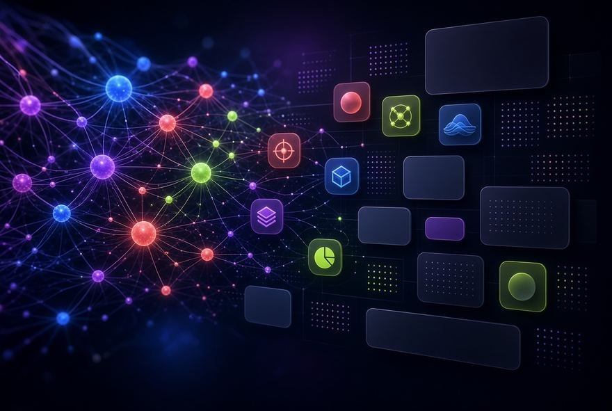 A network of connected nodes feeding into interface panels