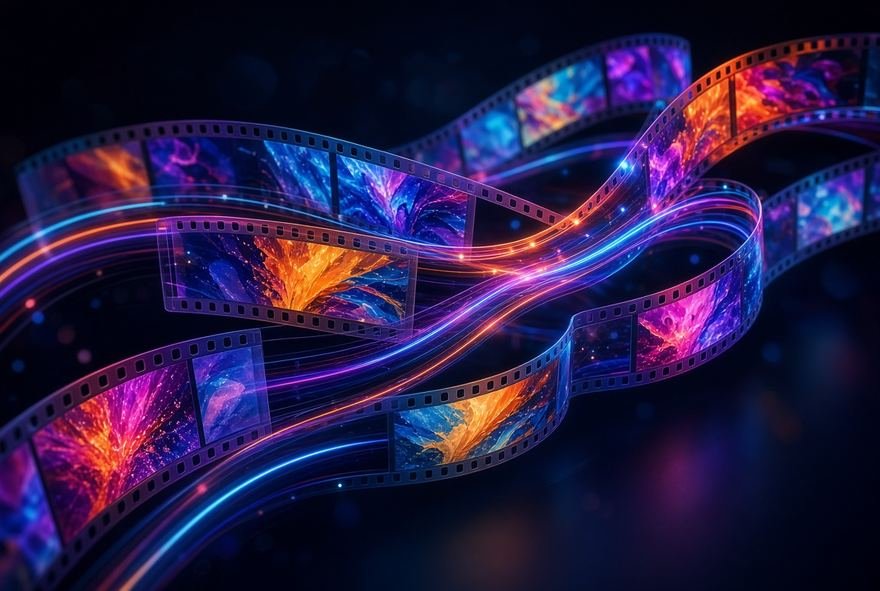 Ribbons of light forming a motion sequence across a dark frame