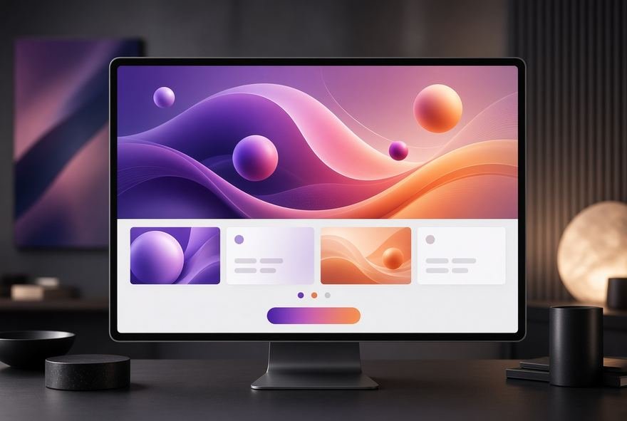 A marketing website layout displayed on a desktop monitor