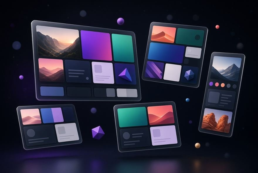 A grid of editable template layouts in a range of colourways