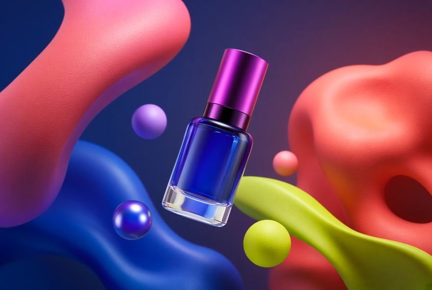 A cosmetic bottle among glossy abstract spheres