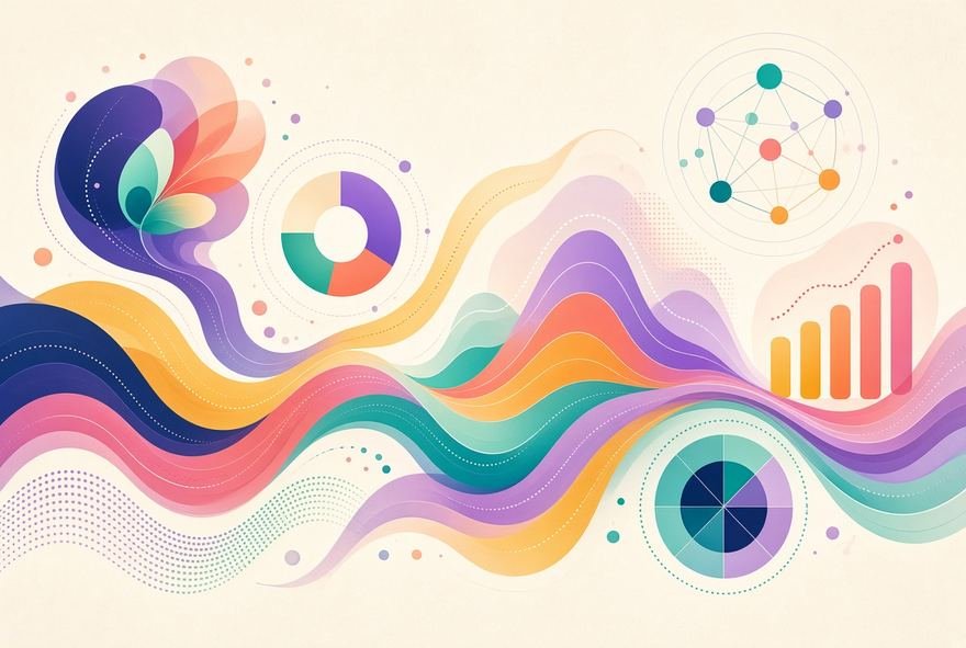 A flowing infographic ribbon carrying charts and data marks