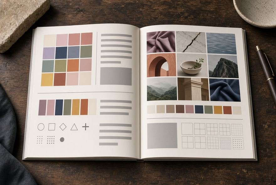 An open specimen book showing swatches and type samples