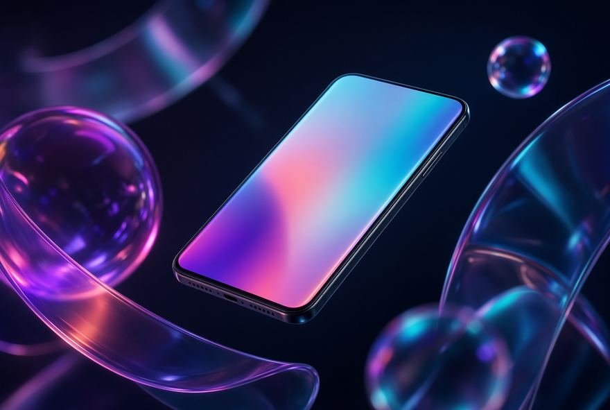 A phone floating among translucent bubbles and violet light