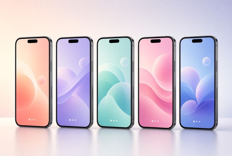 A row of phone mockups in graduated pastel colourways
