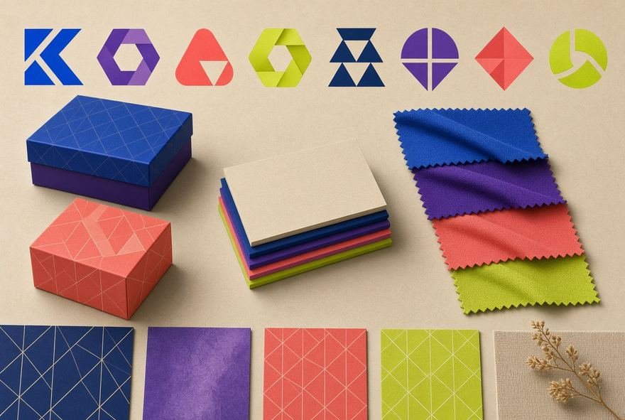 Printed brand collateral in graduated colourways stacked on a table