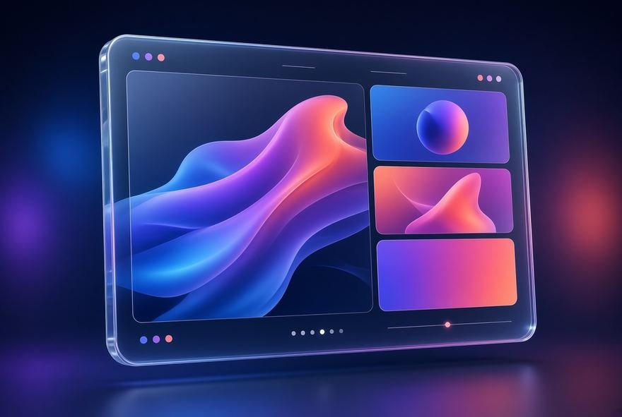 A tablet showing a gradient-led application interface