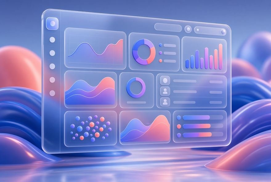 A translucent dashboard panel showing charts and controls