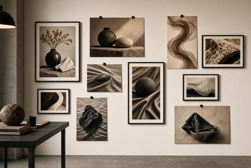 A wall of framed monochrome prints in a quiet gallery hang