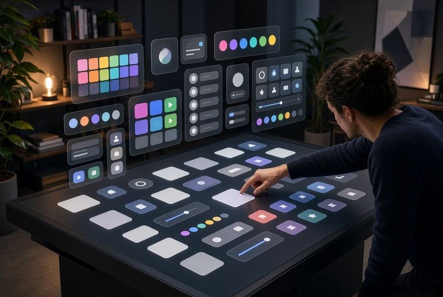 A designer selecting from a large wall-mounted grid of colour and image options