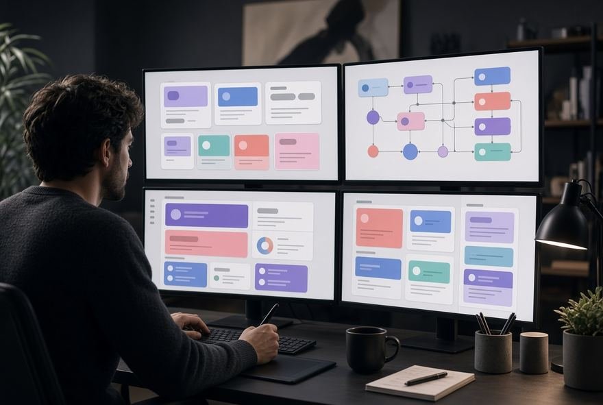 A designer working across a bank of screens showing interface layouts