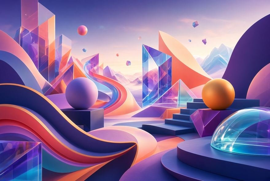 An abstract landscape of coral and blue forms with strong horizontal light