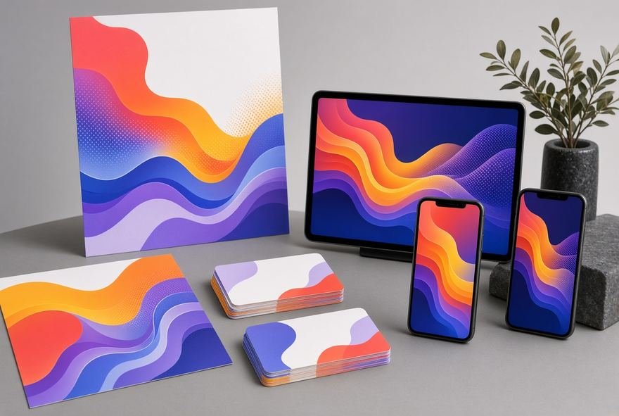 Product packaging and device mockups arranged as a retail set
