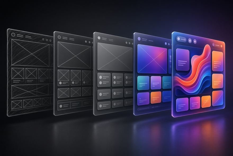 Wireframes resolving into finished interface screens, left to right